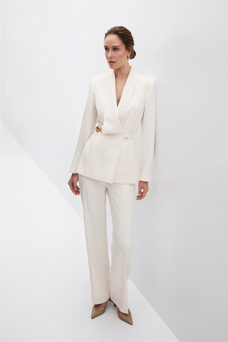 Ekru Degaje Yaka Ceket Takım