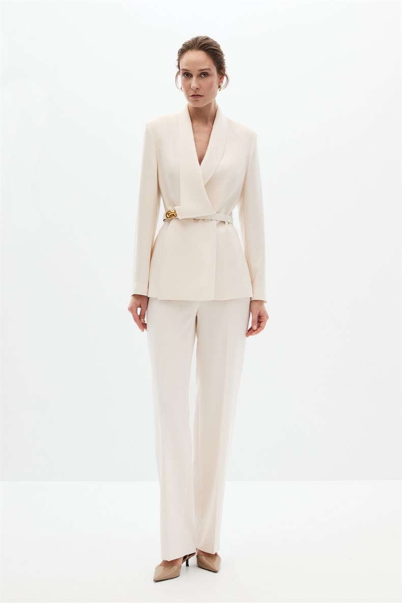 Ekru Degaje Yaka Ceket Takım