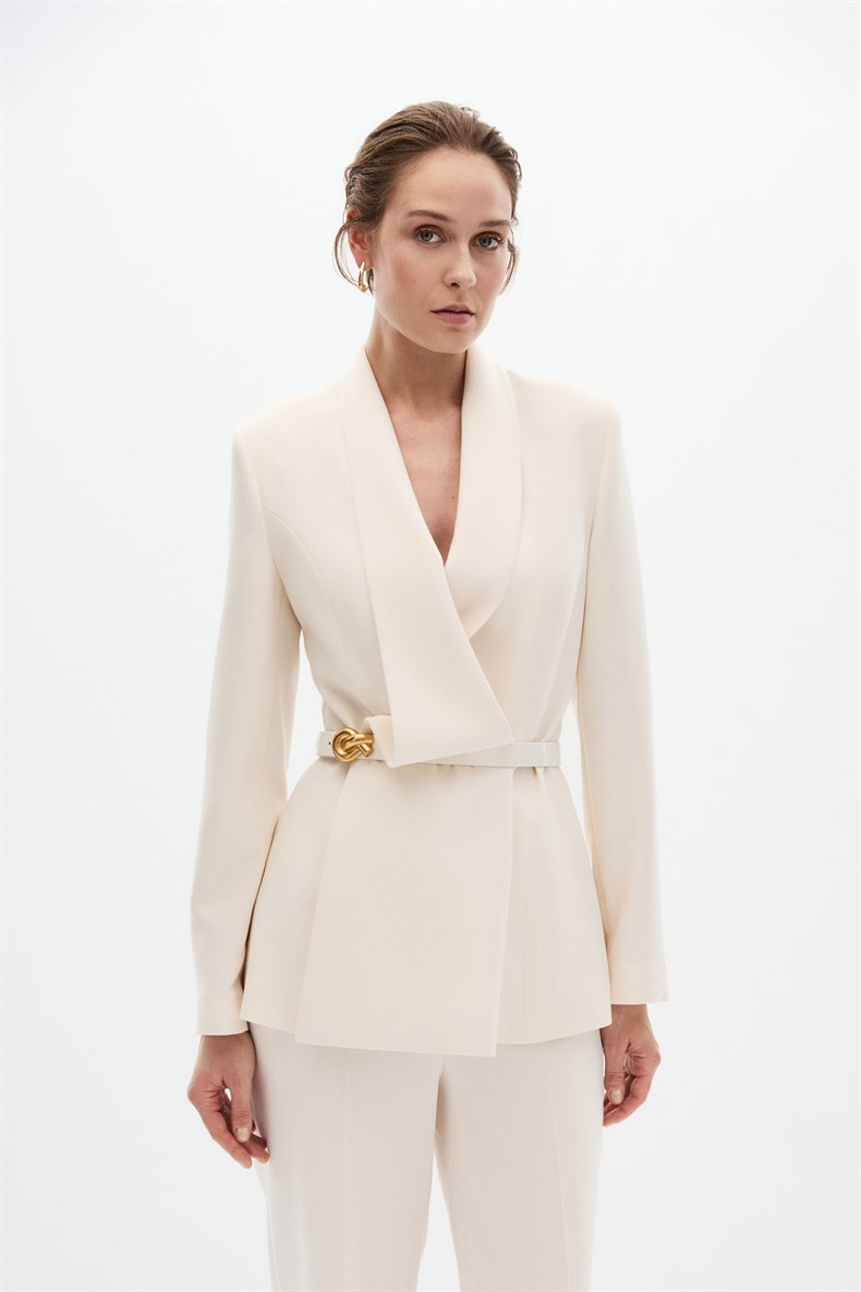 Ekru Degaje Yaka Ceket Takım