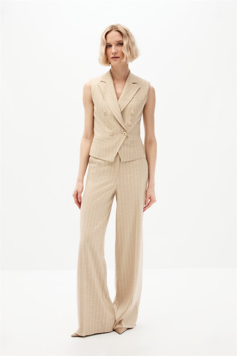 Bej Çizgili Yelek Takım
