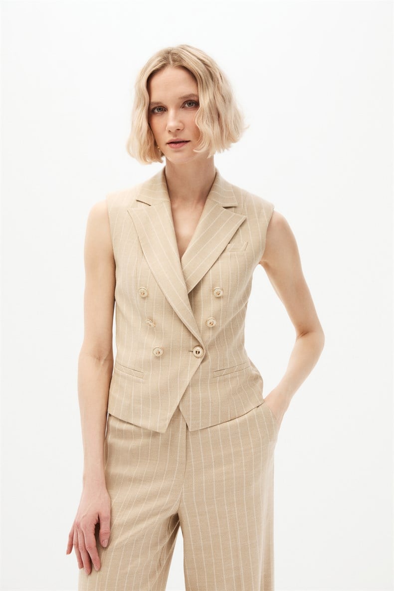 Bej Çizgili Yelek Takım