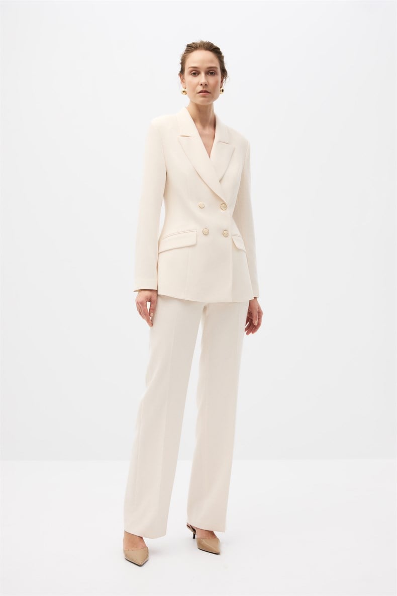 Ekru Kruvaze Blazer Takım