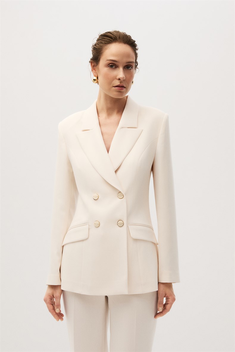 Ekru Kruvaze Blazer Takım