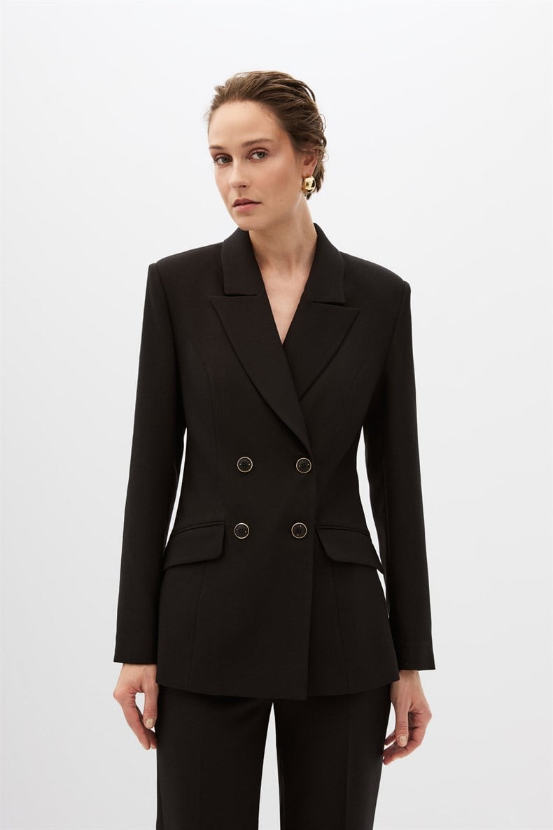 Siyah Kruvaze Blazer Takım