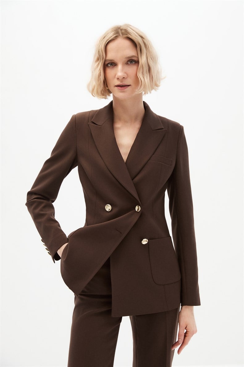 Kahverengi Kruvaze Blazer Takım