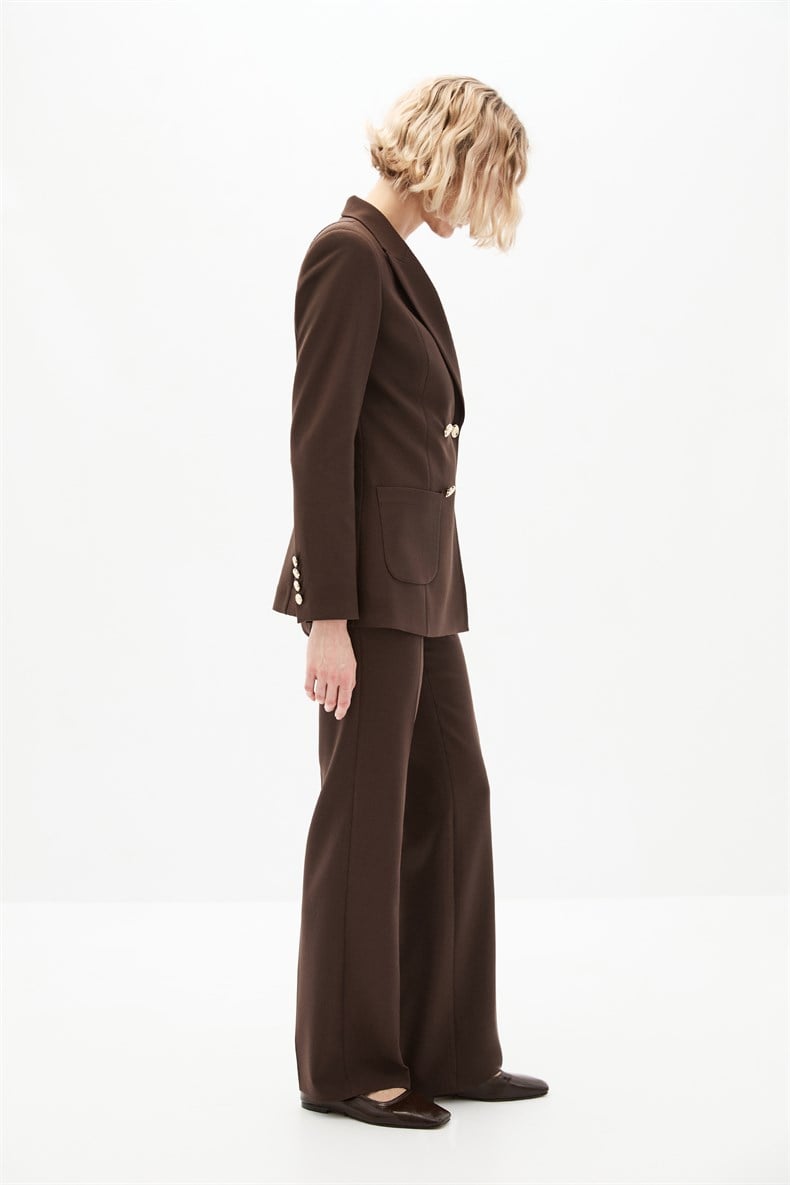 Kahverengi Kruvaze Blazer Takım