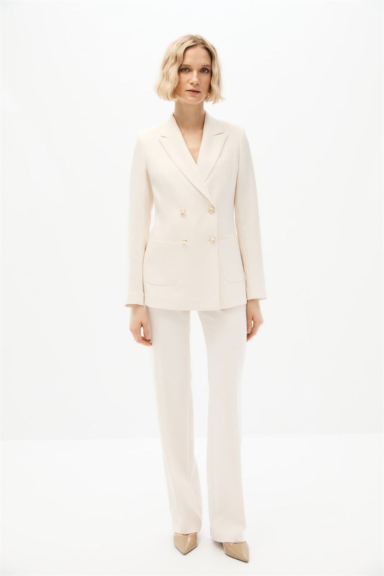Ekru Kruvaze Blazer Takım