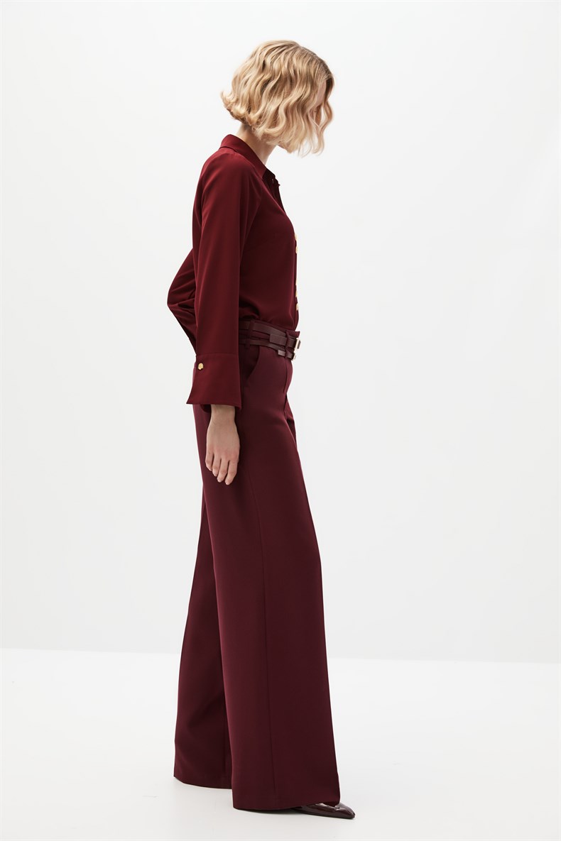 Bordo Çift Kemerli Pantolon