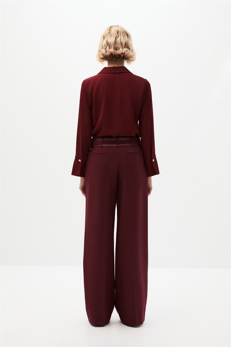 Bordo Çift Kemerli Pantolon