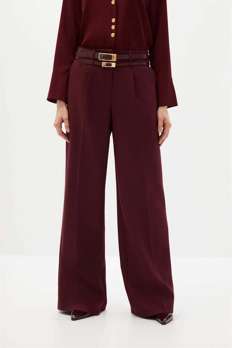 Bordo Çift Kemerli Pantolon