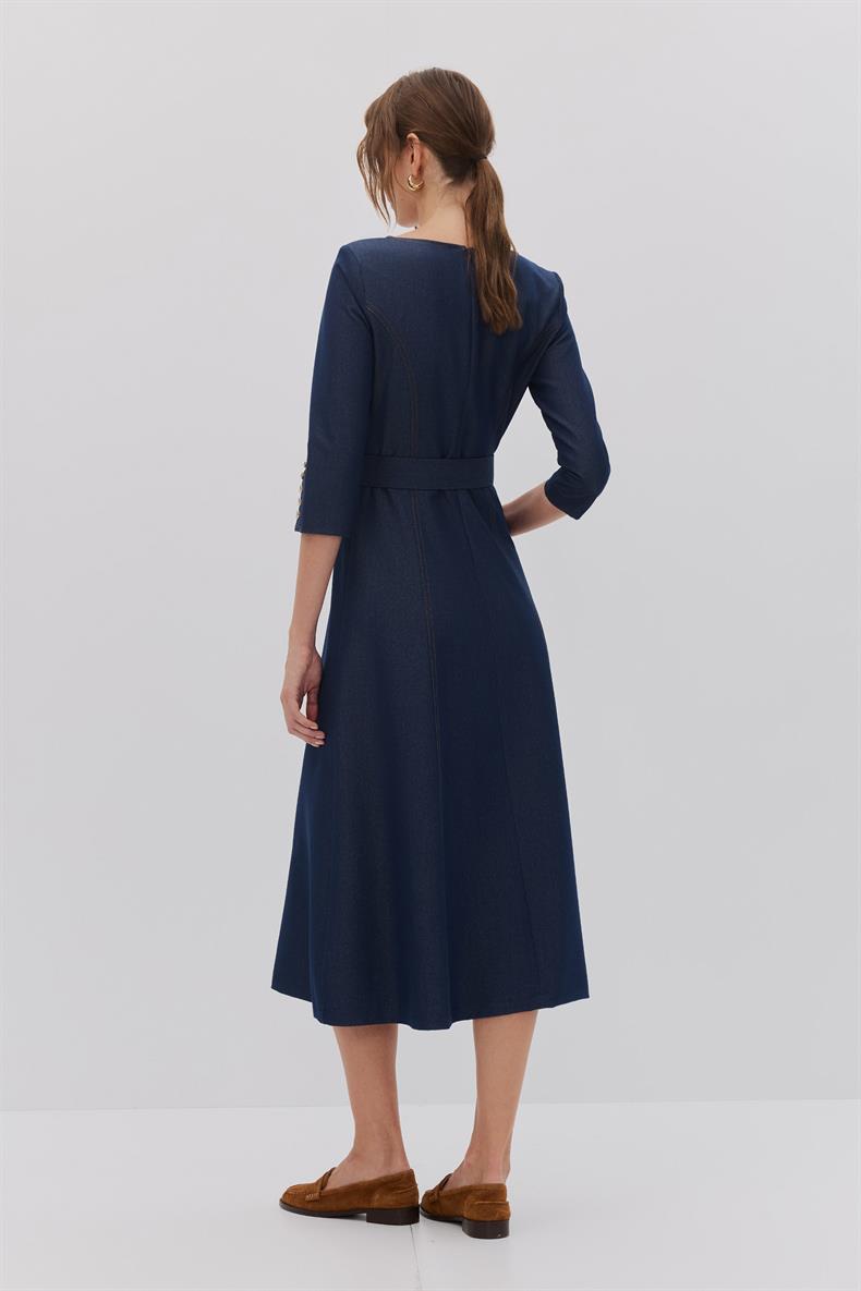 DENIM DİKİŞ DETAYLI MİDİ ELBİSE