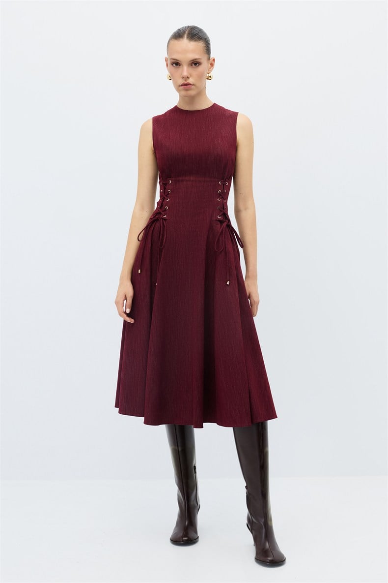 Denim bağcık detaylı elbise
