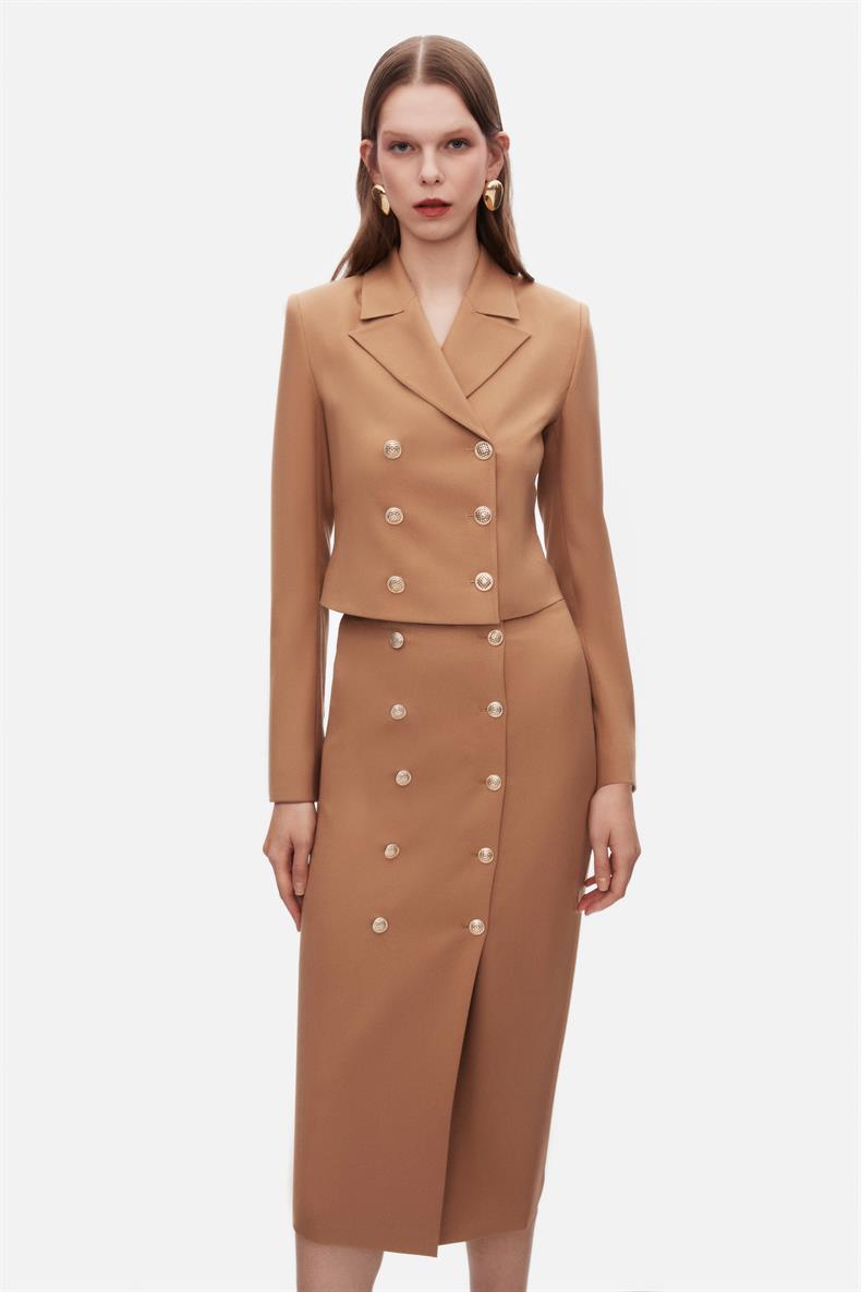 Kruvaze Crop Ceket Midi Boy Kalem Etek Takım
