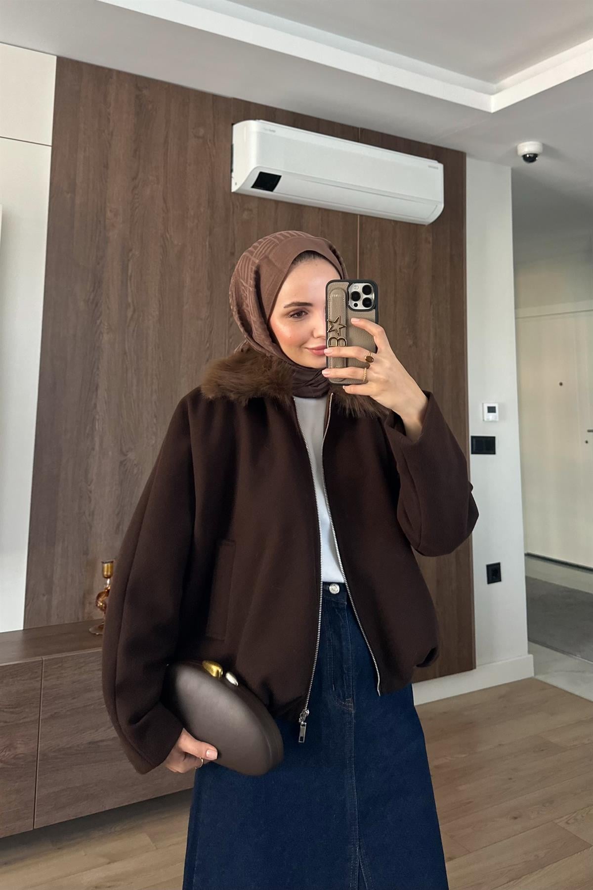 Aniee Kürk Detay Kısa Ceket - KAHVE