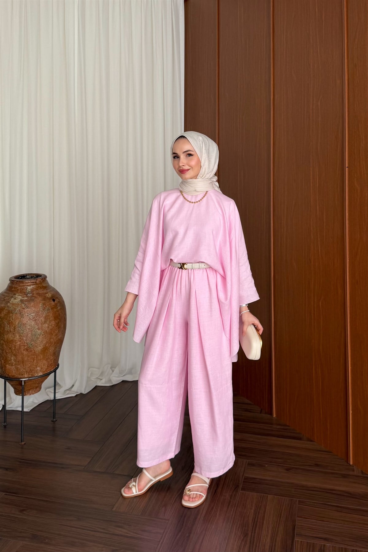 Bella Keten Premium Pantolon Takım - PEMBE