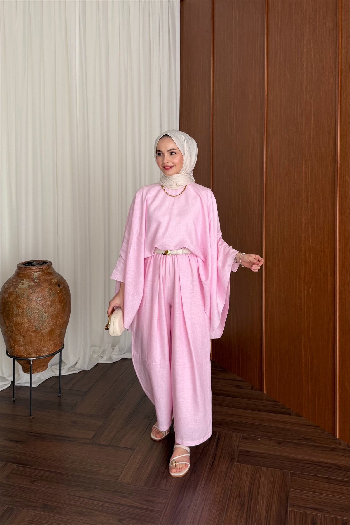 Bella Keten Premium Pantolon Takım - PEMBE