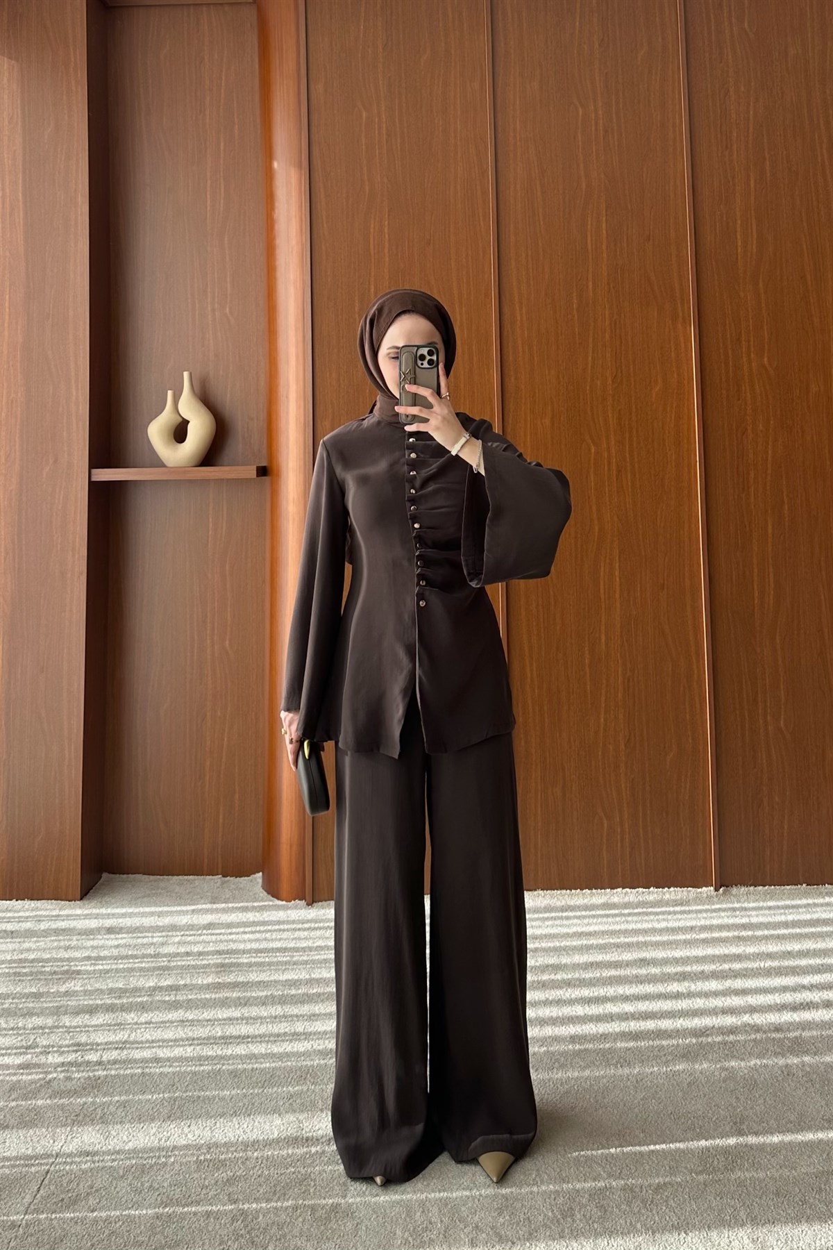 Büzgü Model Pantolonlu Takım - KAHVE