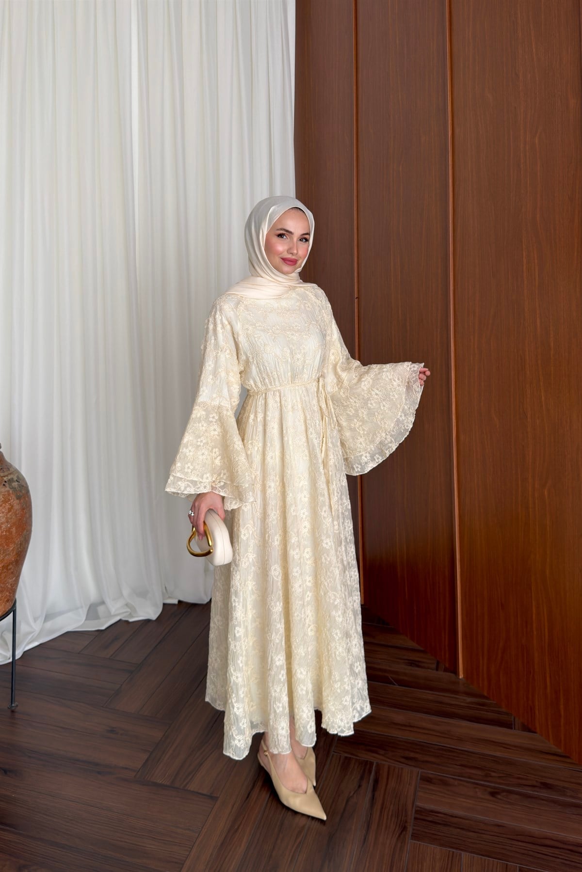Çiçek Desenli Premium Elbise - BUTTER YELLOW