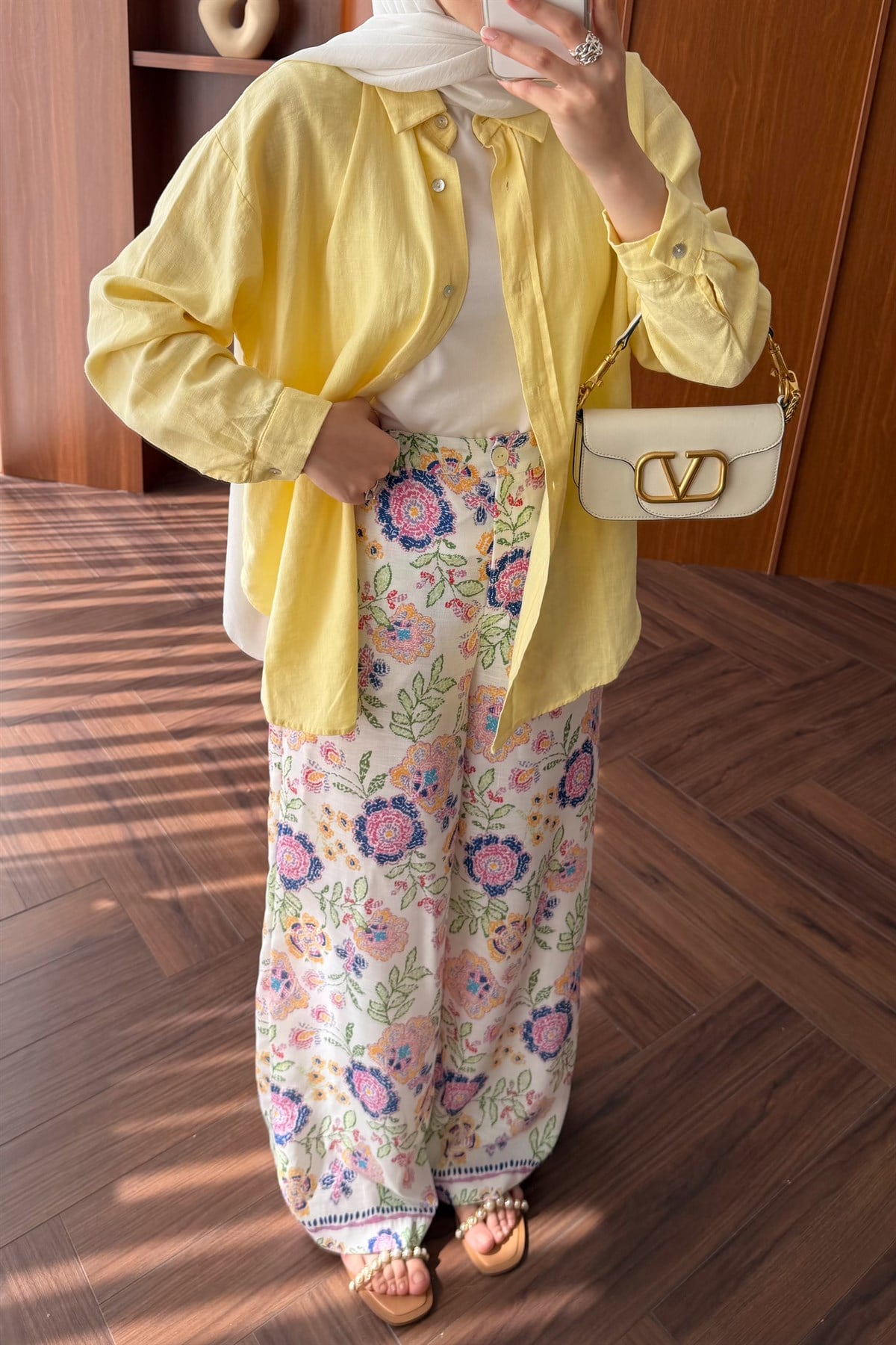 Çiçekli Keten Pantolon - BEYAZ
