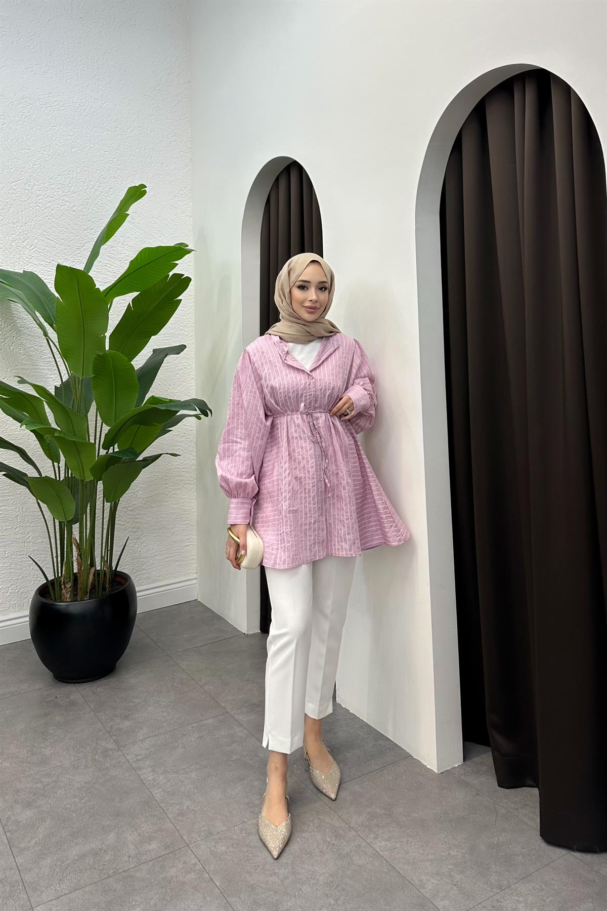 Çizgi Detay Kuşaklı Gömlek - PEMBE