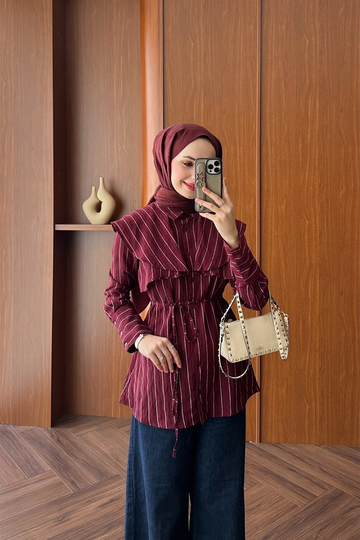 Çizgili Pelerin Detay Gömlek - MÜRDÜM