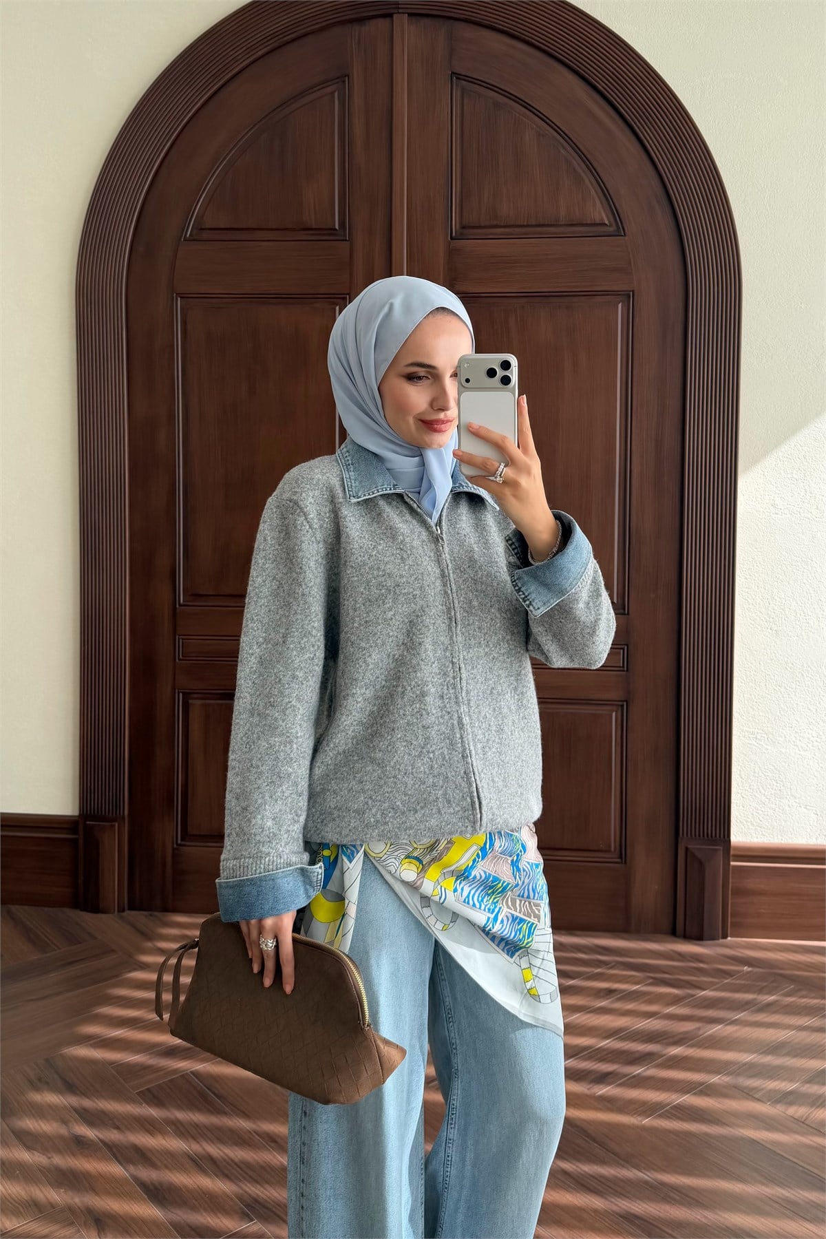 Denim Detay Fermuarlı Hırka - ANTRASİT