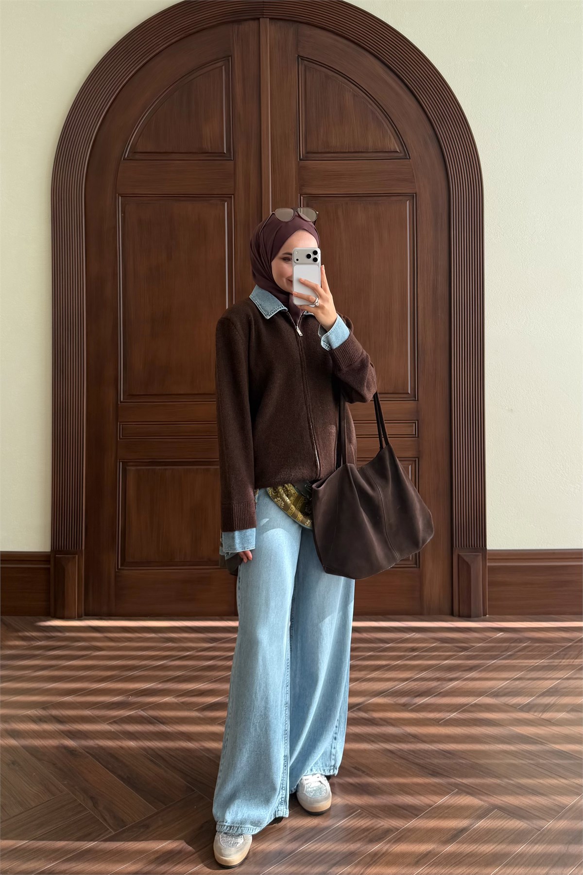 Denim Detay Fermuarlı Hırka - KAHVE