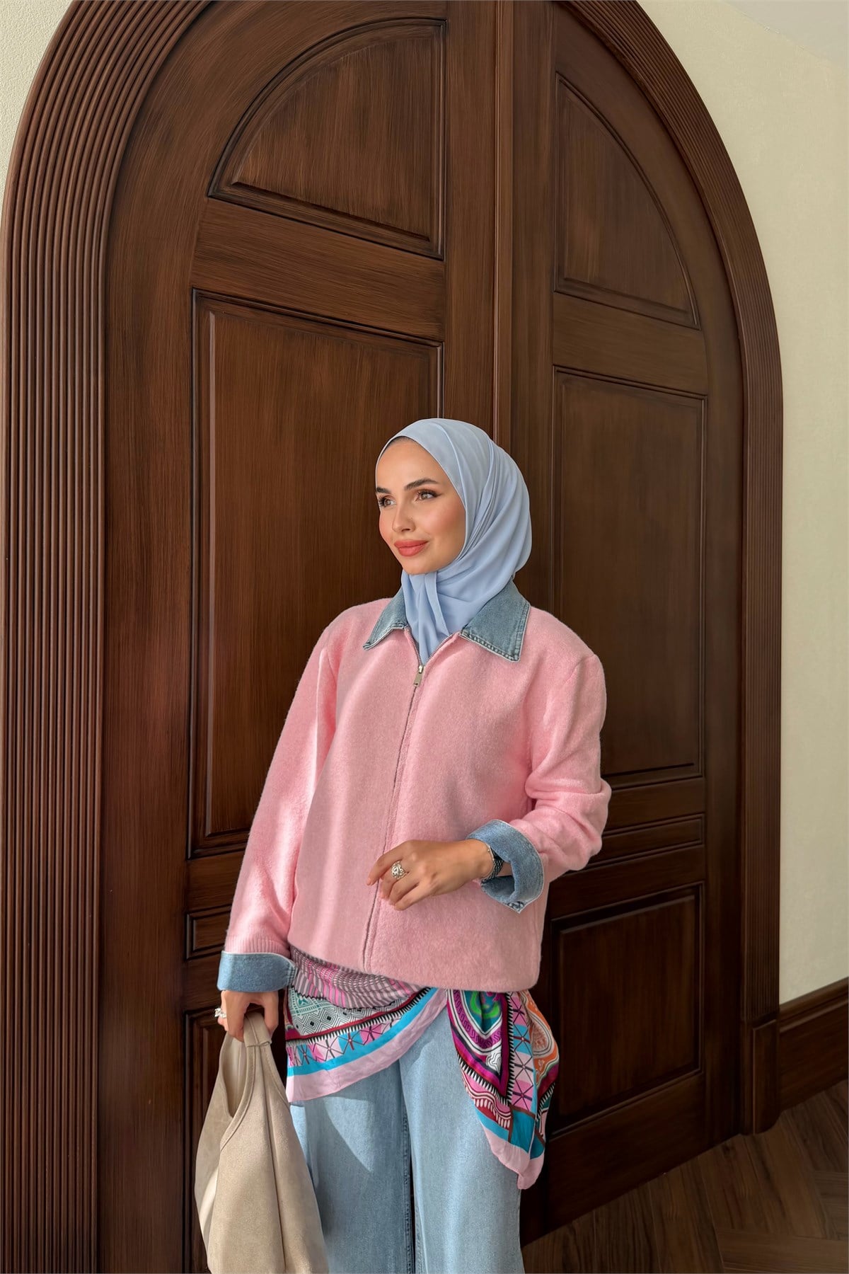 Denim Detay Fermuarlı Hırka - PEMBE