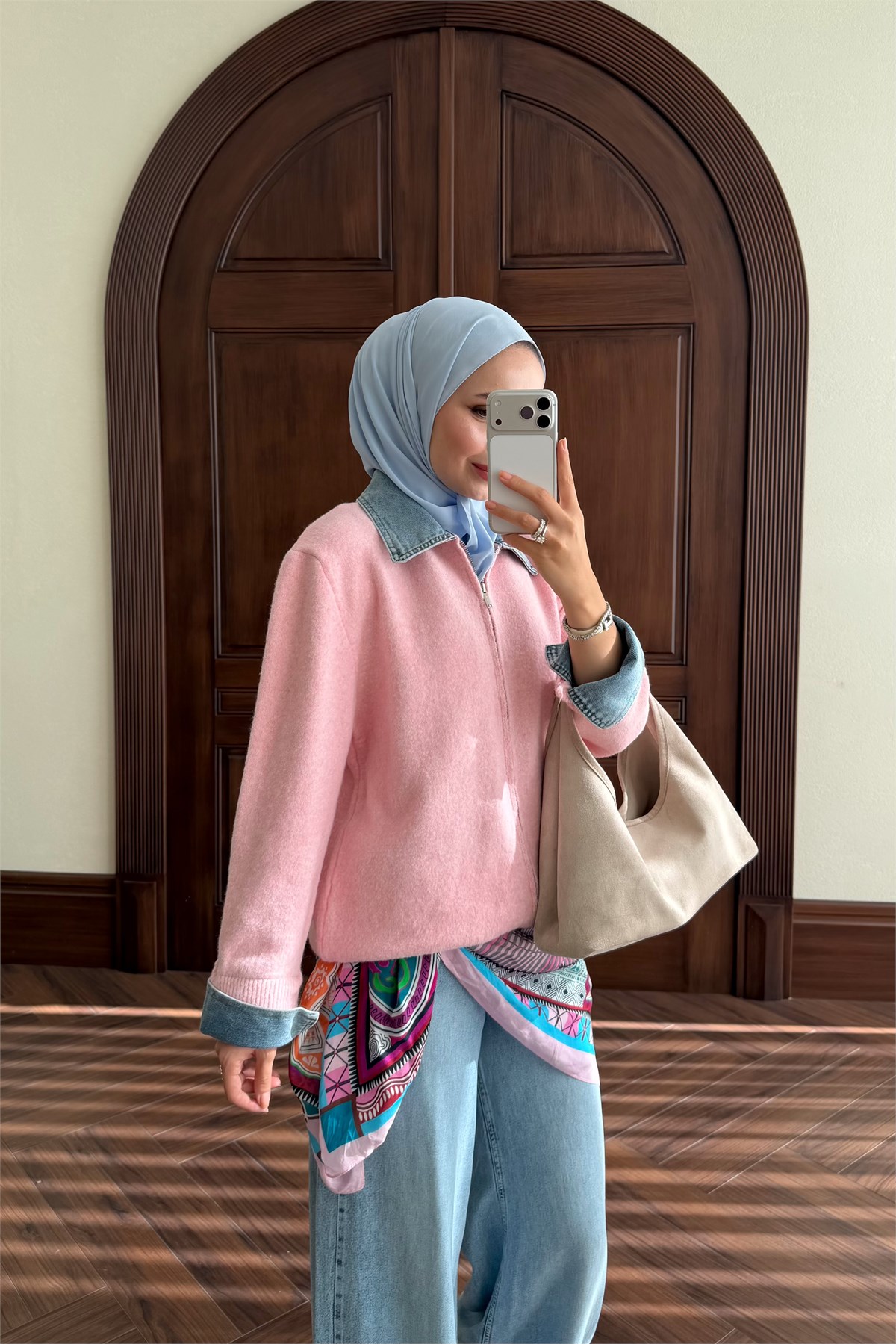 Denim Detay Fermuarlı Hırka - PEMBE