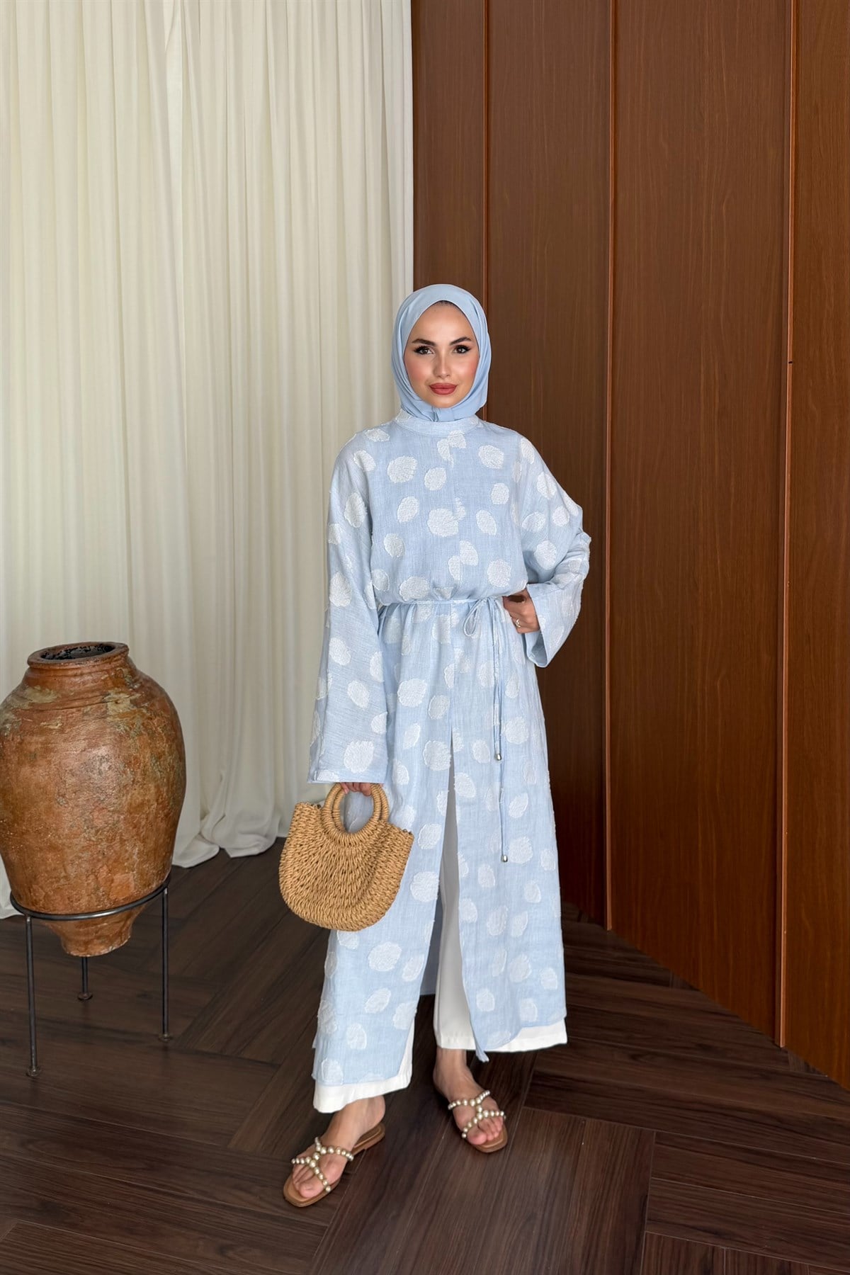 Emprime Yırtmaçlı Uzun Kimono - MAVİ