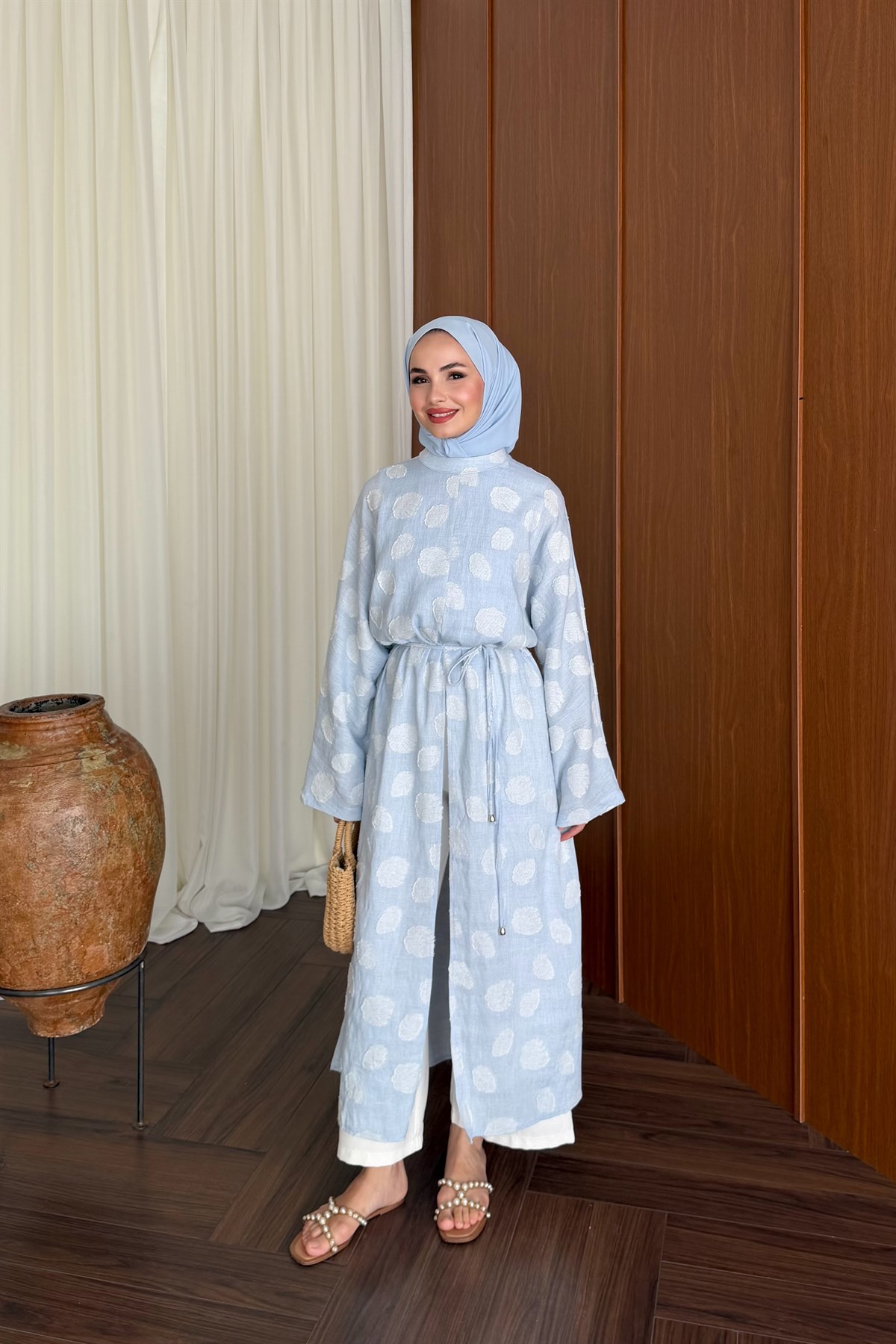 Emprime Yırtmaçlı Uzun Kimono - MAVİ