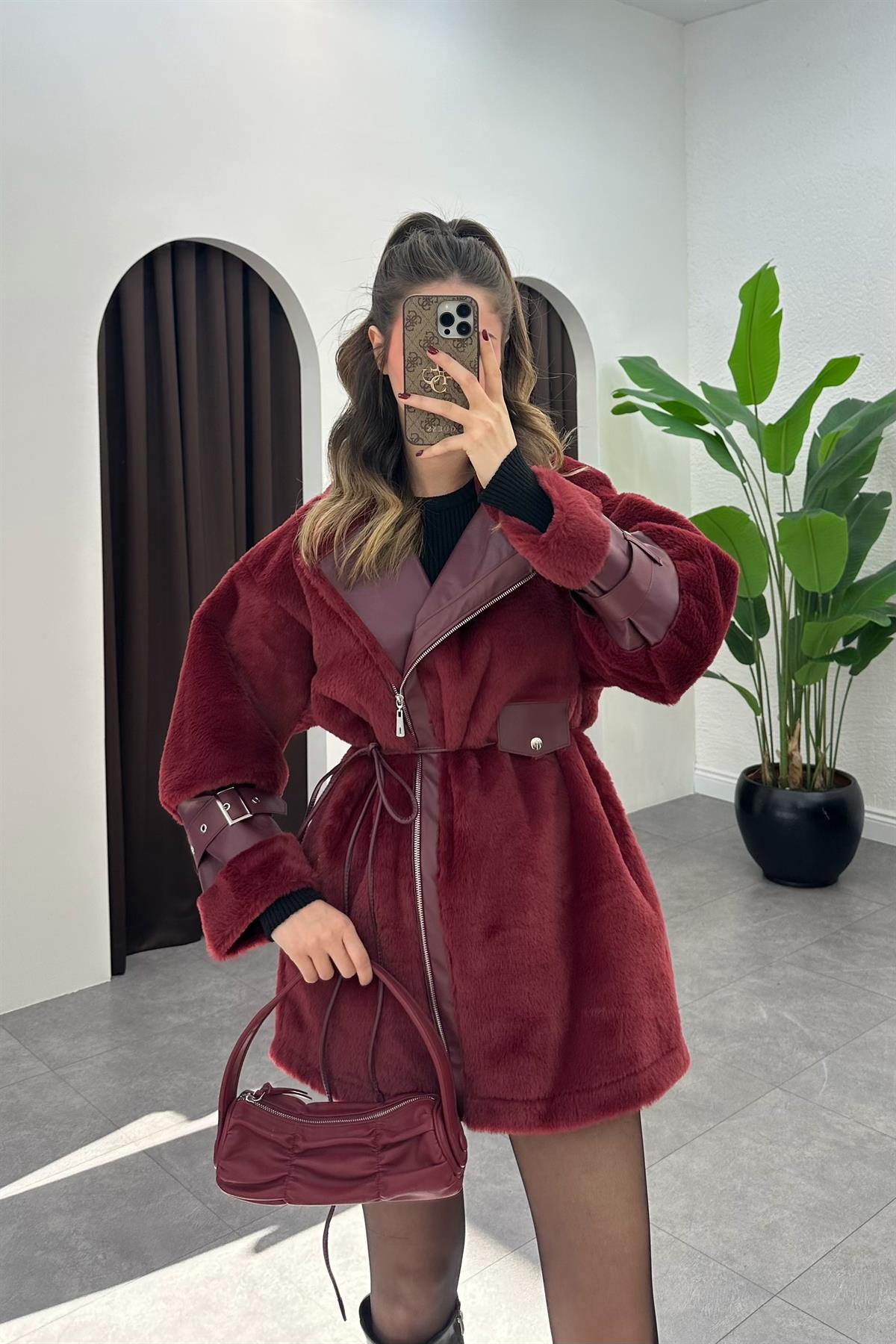 Godia Deri Detaylı Kürk Kaban - BORDO