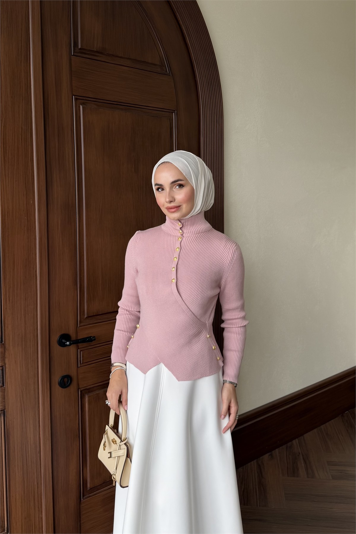 Gold Düğmeli Triko Hırka - PEMBE
