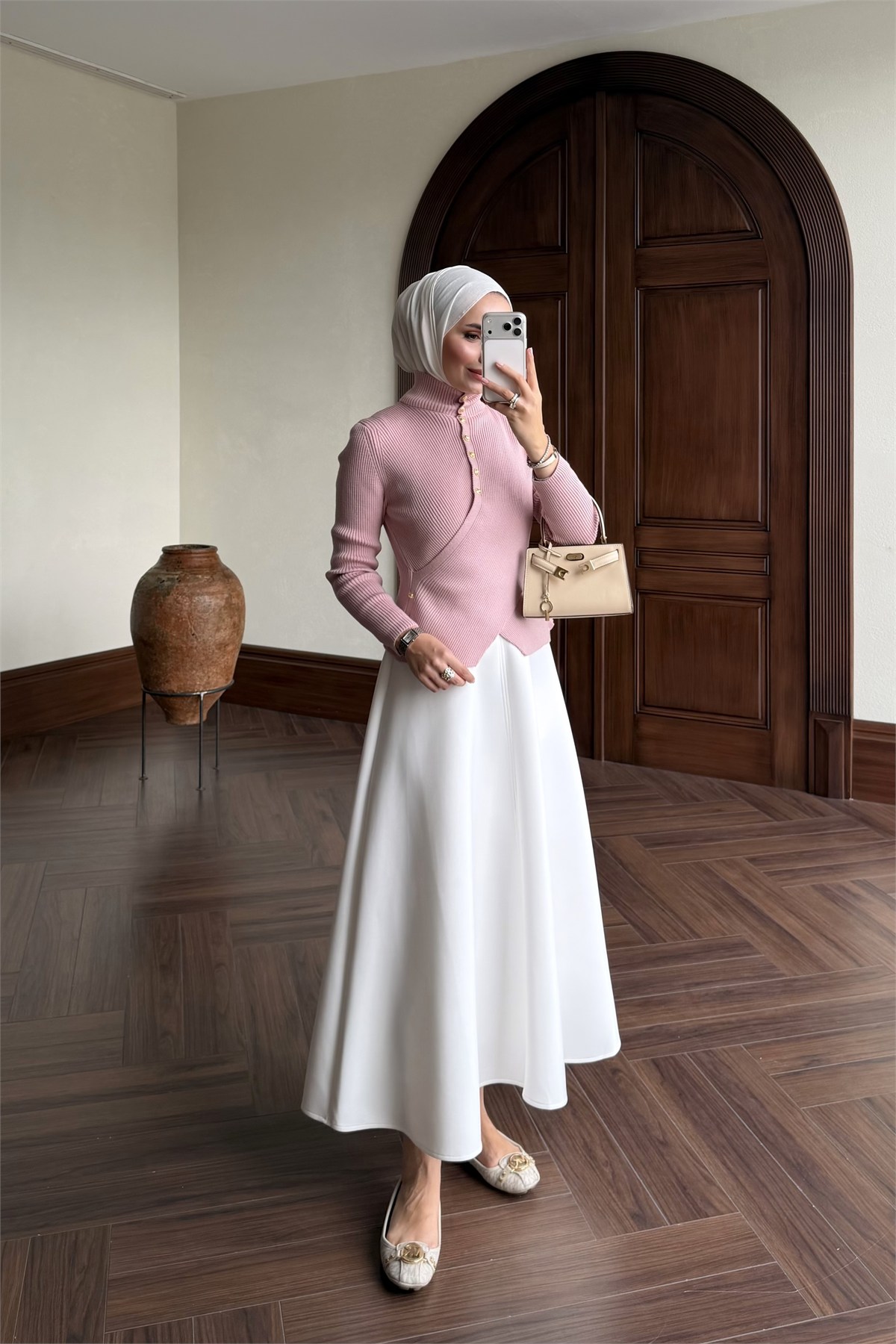 Gold Düğmeli Triko Hırka - PEMBE