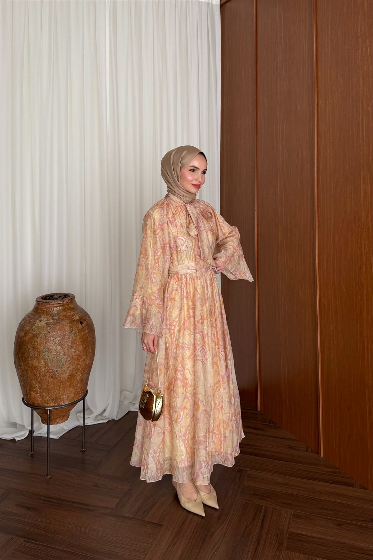 Lamia Desenli Vual Elbise - PEMBE