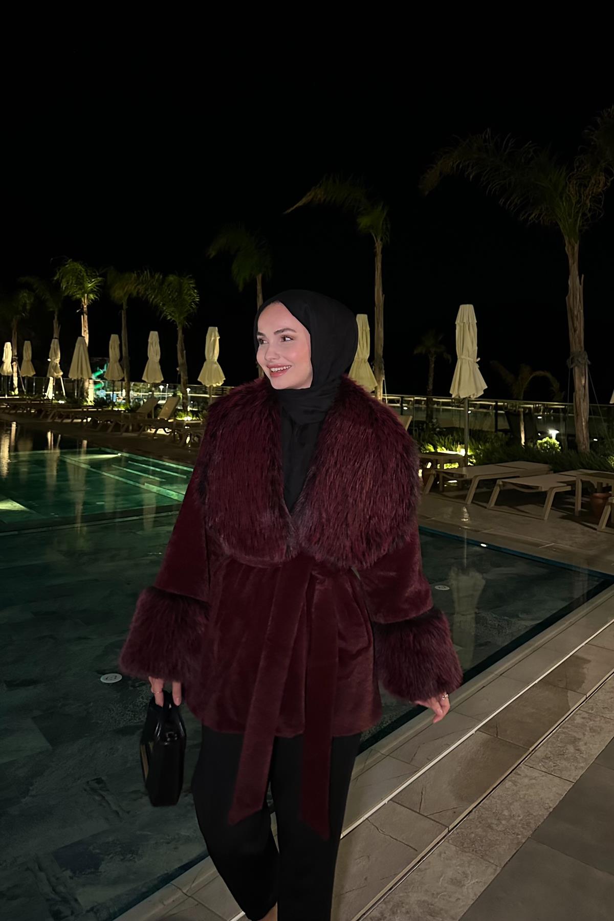Melinos Kürk Detaylı Kaban - BORDO