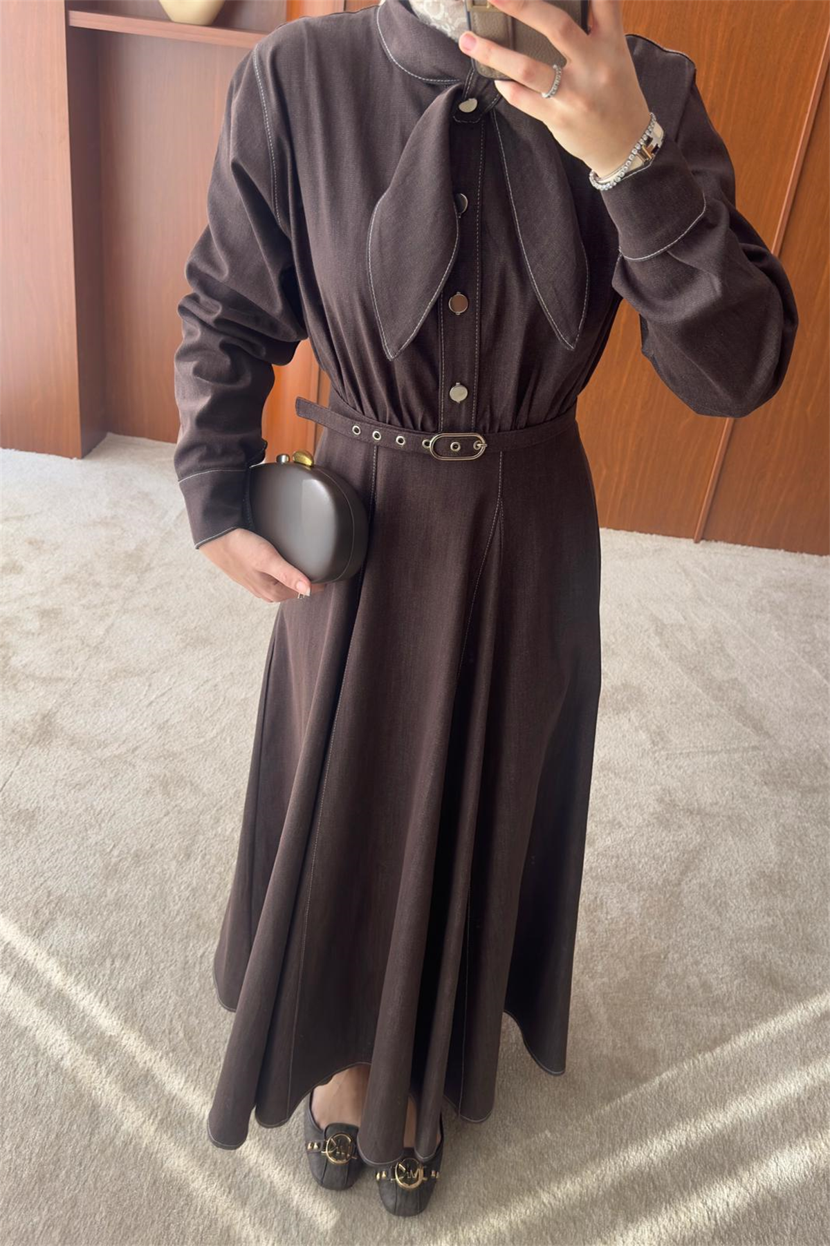 Meyila Yaka Detay Elbise - KAHVE