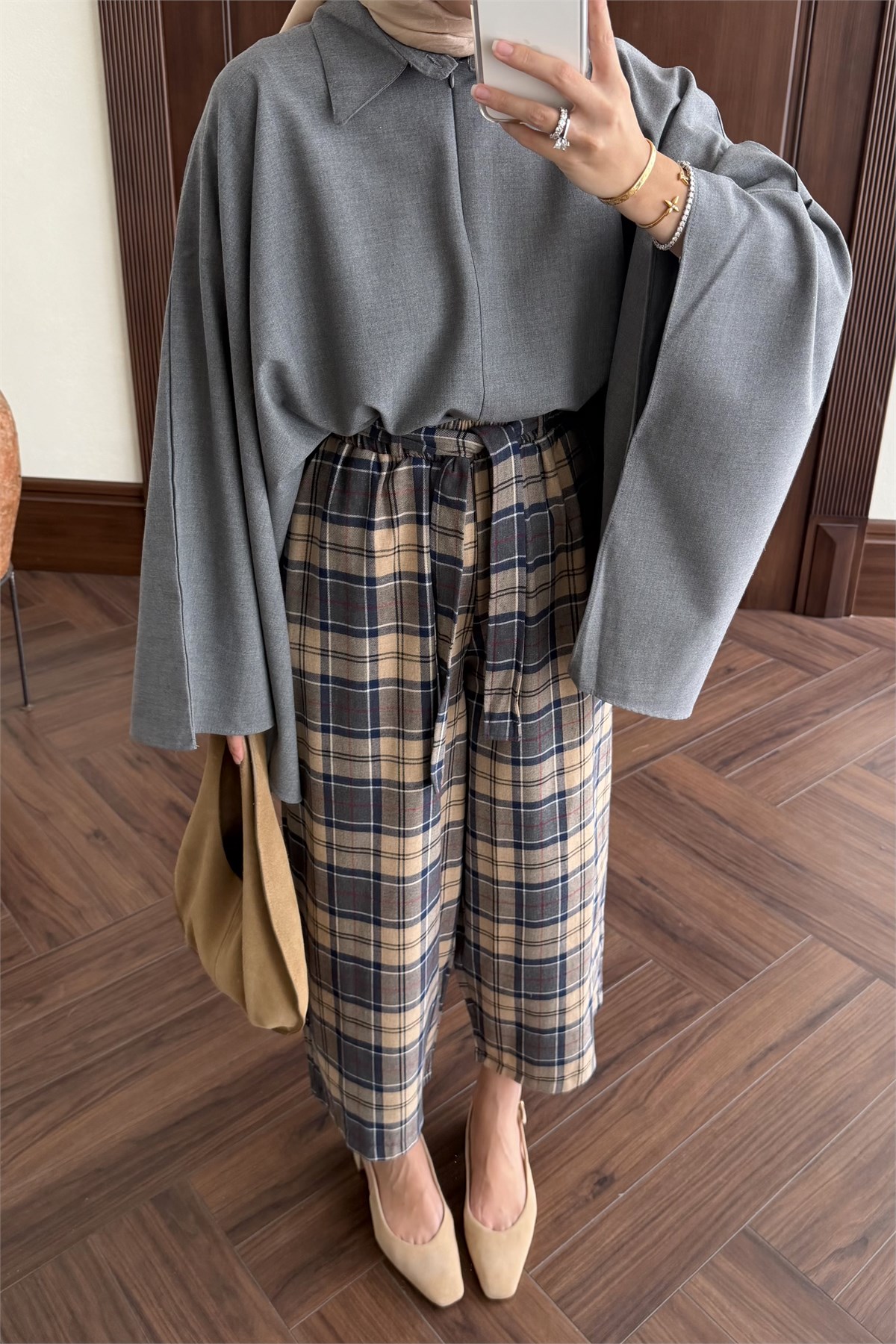 Mira Kemerli Ekose Pantolon - BEJ