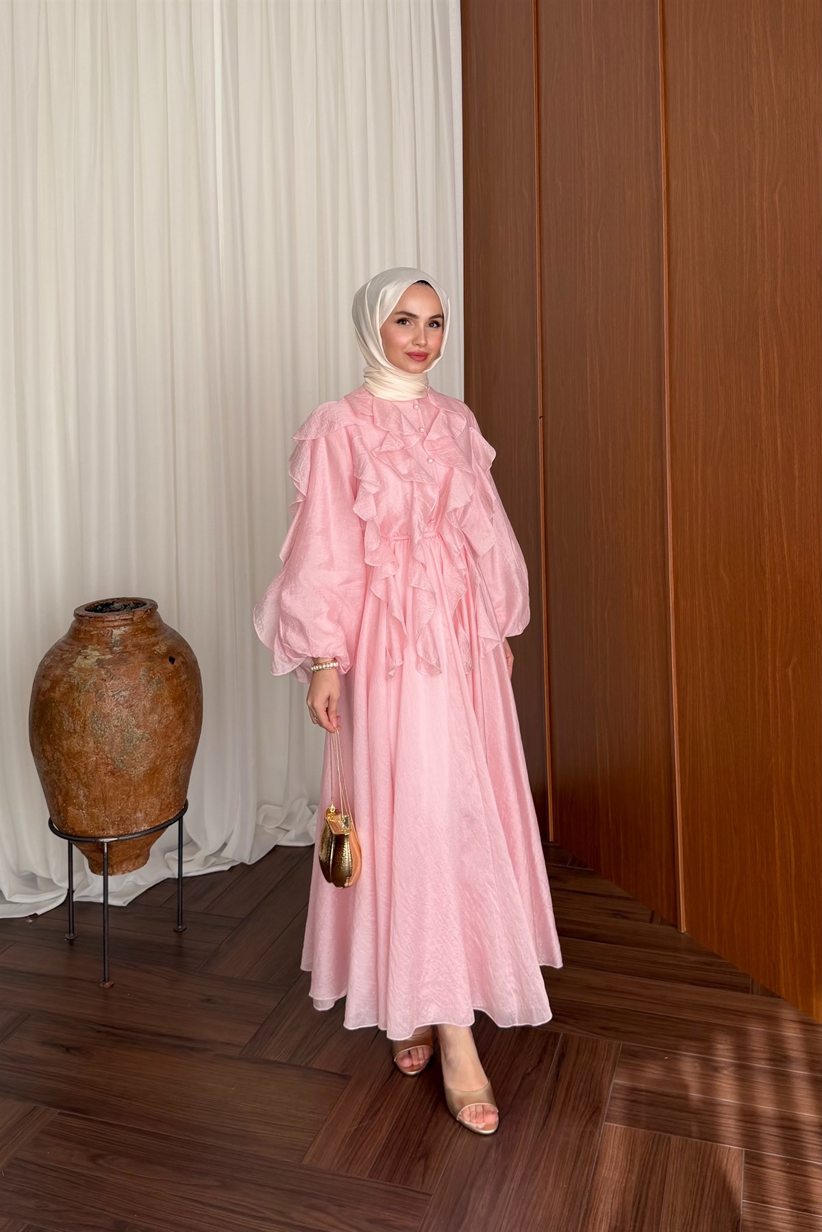 Nora Önü Volanlı Elbise - PEMBE