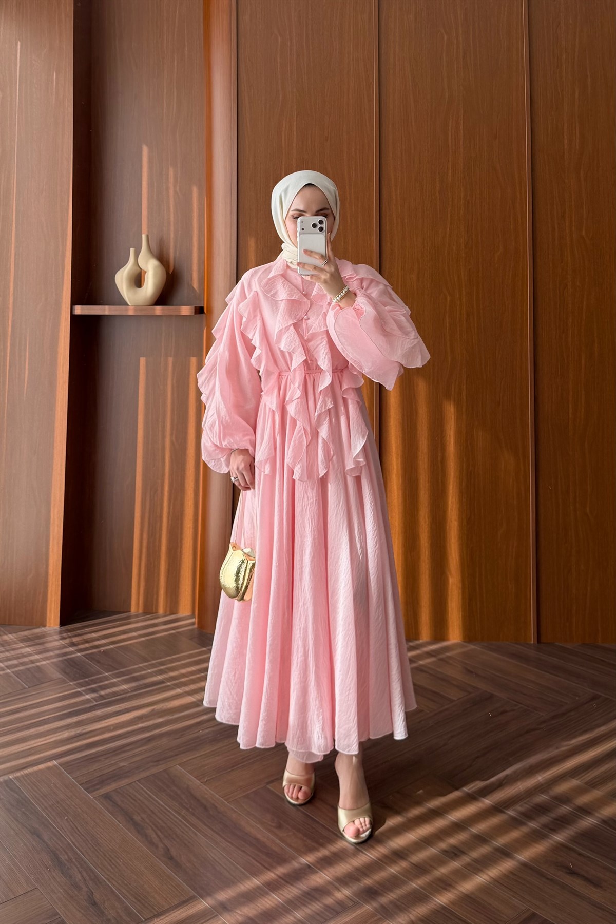 Nora Önü Volanlı Elbise - PEMBE