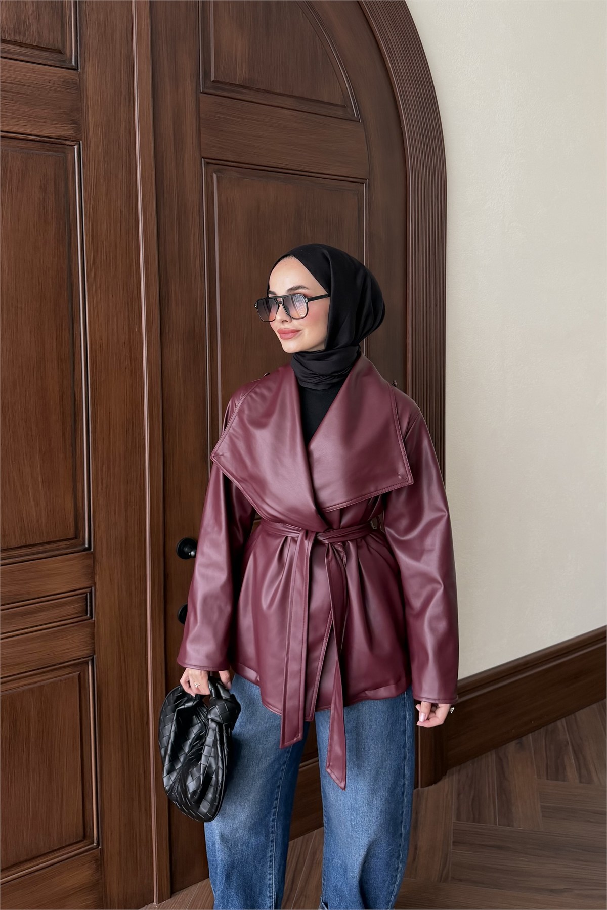 Orya Yaka Detay Deri Ceket - BORDO