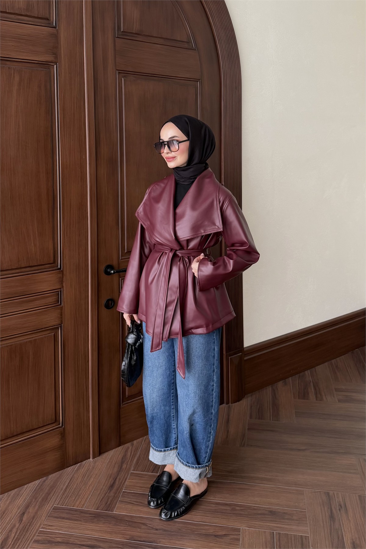 Orya Yaka Detay Deri Ceket - BORDO