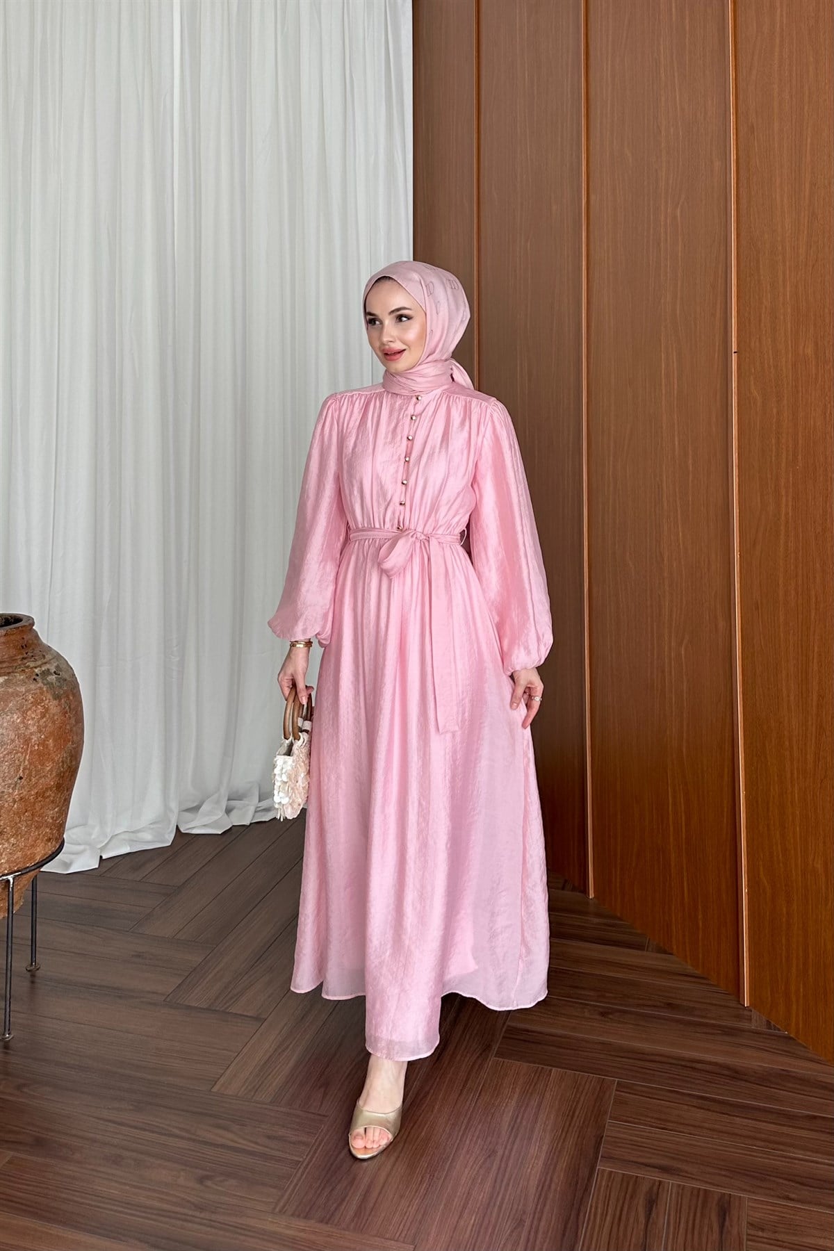 Patara Belden Lastikli Elbise - PEMBE