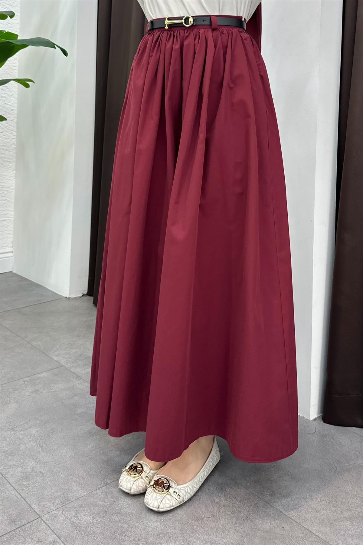 Pile Detaylı Etek - BORDO