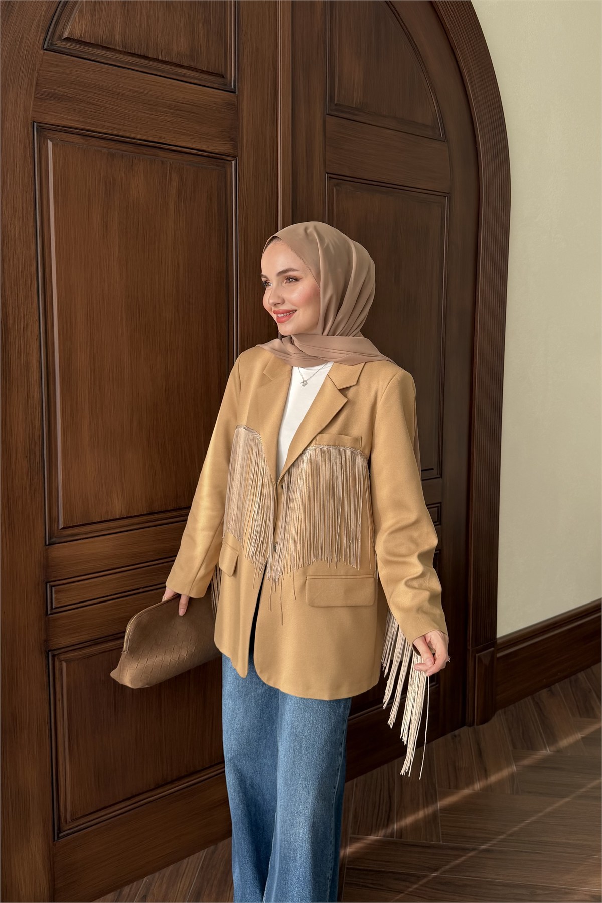 Püskül Detay Oversize Ceket - CAMEL