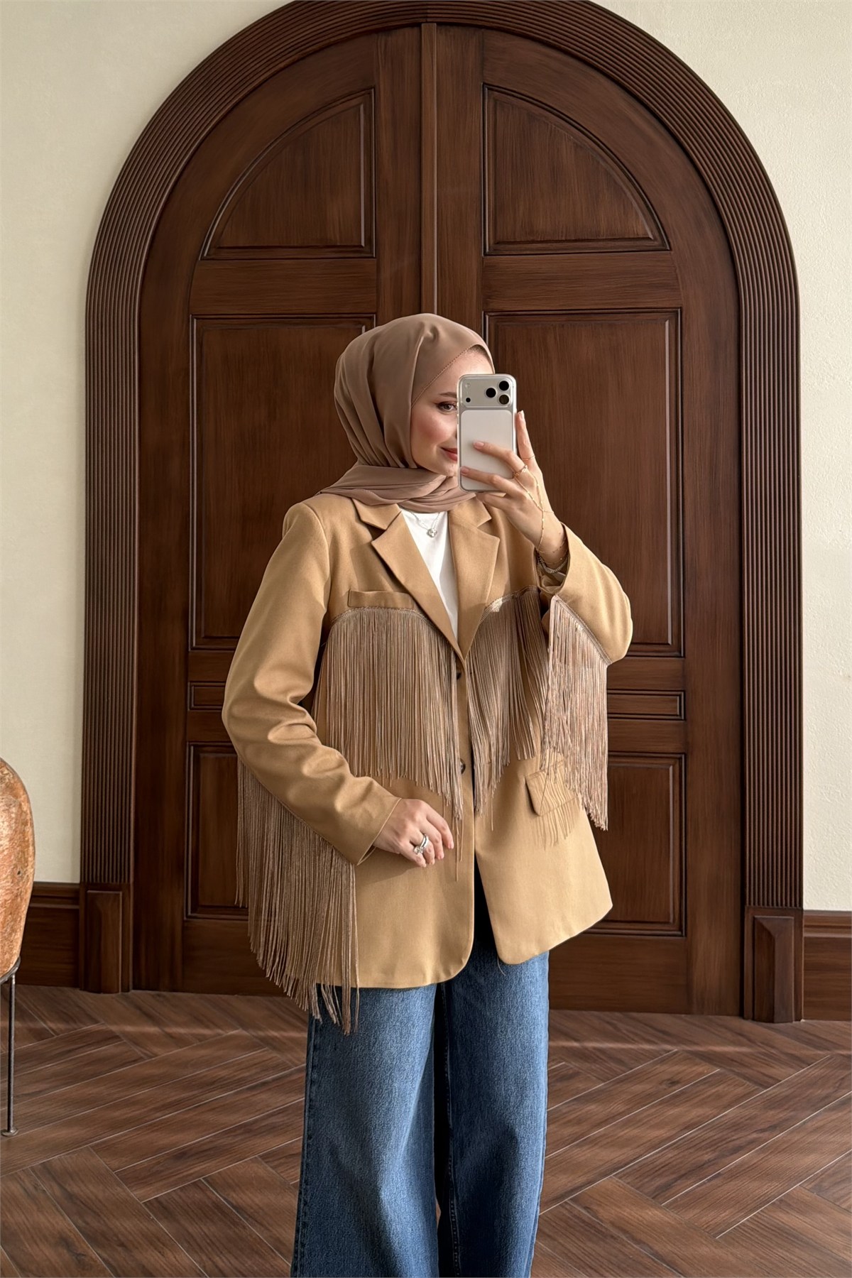 Püskül Detay Oversize Ceket - CAMEL