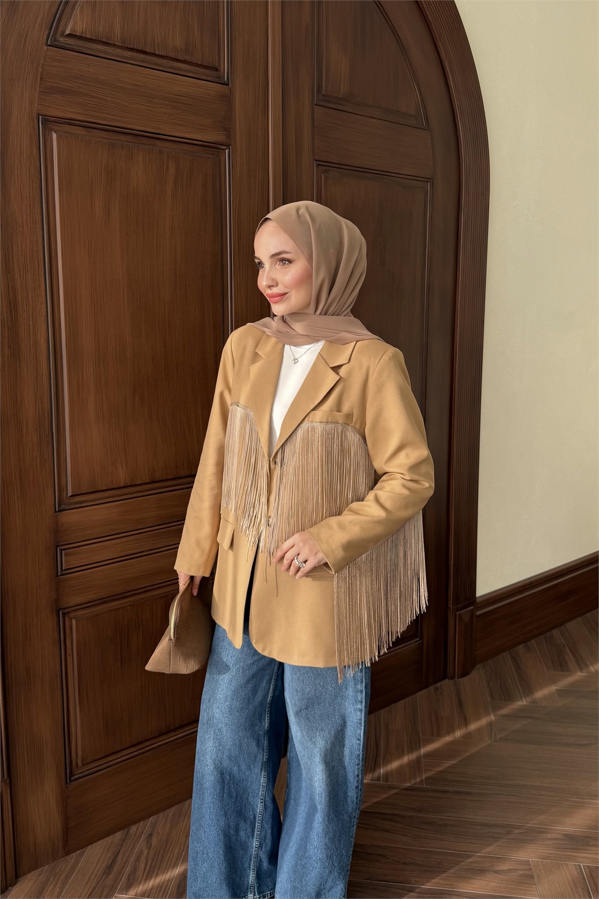 Püskül Detay Oversize Ceket - CAMEL