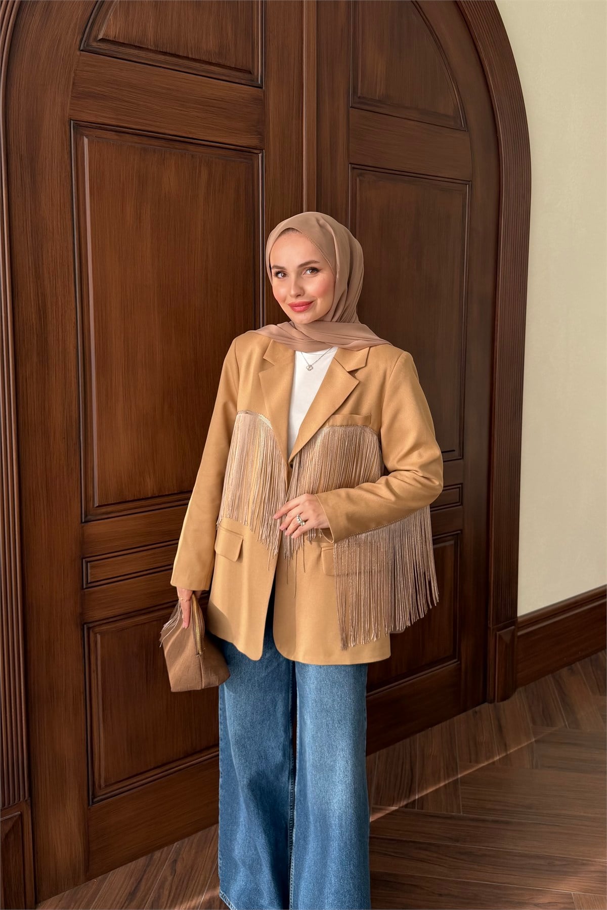 Püskül Detay Oversize Ceket - CAMEL