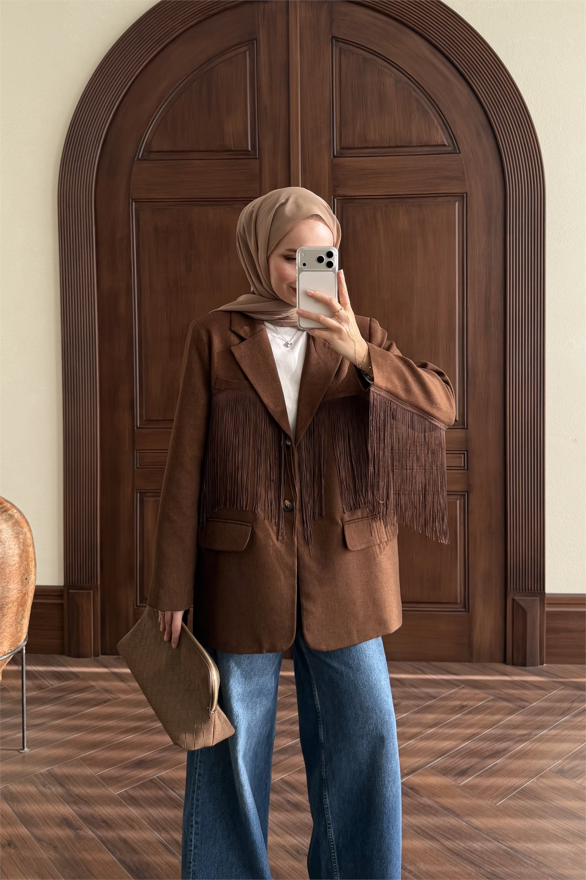 Püskül Detay Oversize Ceket - KAHVE
