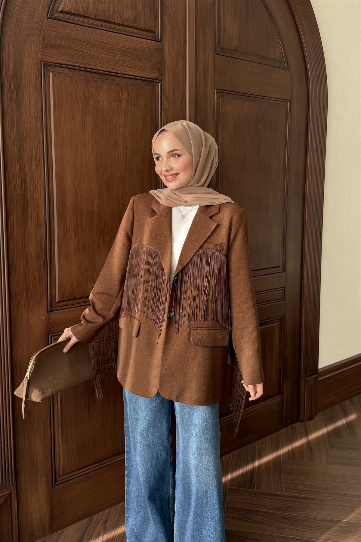 Püskül Detay Oversize Ceket - KAHVE
